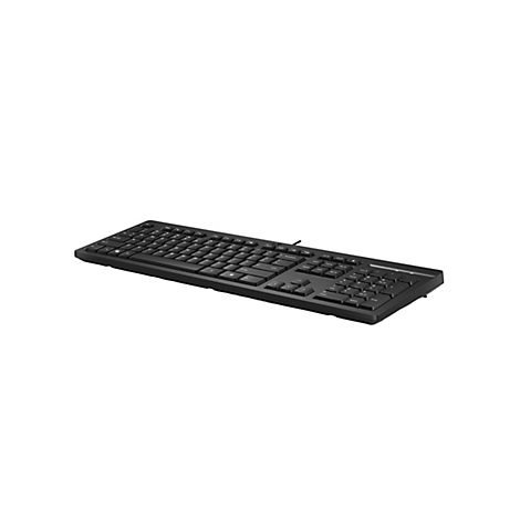 Schwarze kabelgebundene Tastatur im QWERTZ-Layout auf weißem Hintergrund.