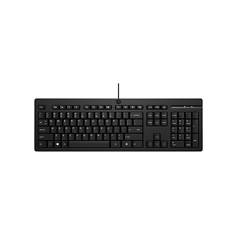 Schwarze, kabelgebundene HP-Tastatur in Draufsicht auf weißem Hintergrund.