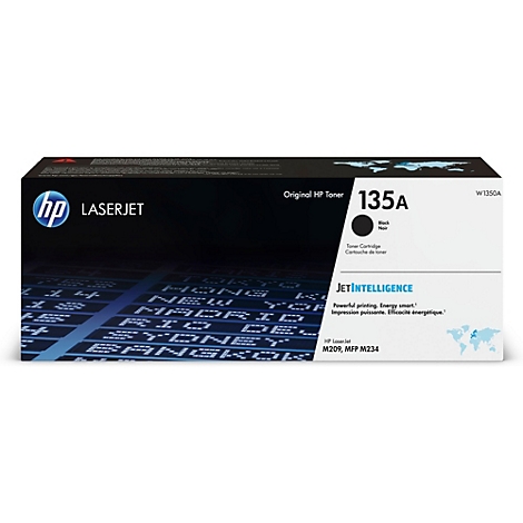 Eine schwarze Toner-Kartusche von HP. Aufschrift: 135A und JetIntelligence. Auf dem Karton ist das HP-Logo und eine Weltkarte zu sehen.