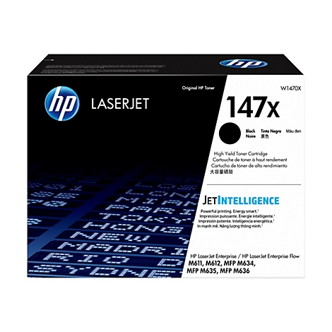Cartouche de toner HP LaserJet 147x noire. Emballage du produit avec logo et description.
