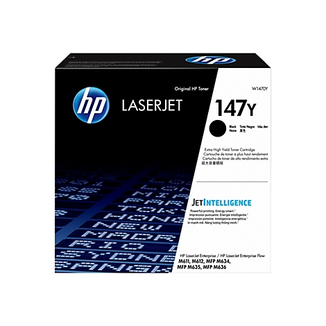 Schwarze HP Laserjet Toner-Kartusche 147Y. Aufschrift, Logo und Produktbezeichnung deutlich sichtbar.