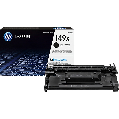 HP LaserJet 149x tonercartridge. Zwarte tonercartridge, naast de verpakking met productinformatie.