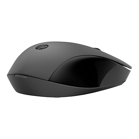 Ein grauer HP-Maus von der Seite. Das HP-Logo befindet sich auf der Oberseite. Rechts sind das Mausrad und eine schwarze Fläche zu sehen.