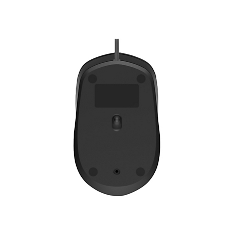 Draufsicht auf eine schwarze Computermaus mit Kabel. Sichtbar sind die Unterseite mit Gleitern, Sensor und Kabelanschluss.