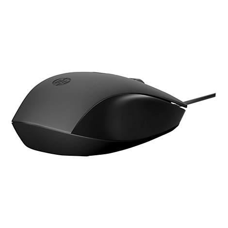 Schwarze Computermaus mit HP-Logo. Kabelgebunden.