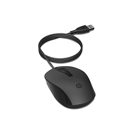 Schwarze Computermaus mit USB-Kabel und HP-Logo auf weißem Hintergrund.