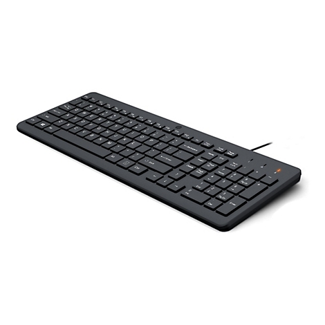Schwarze HP Tastatur mit Kabel und leuchtender Statusanzeige in perspektivischer Ansicht.