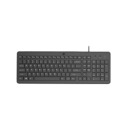 Schwarze, kabelgebundene HP-Tastatur mit Standard-QWERTY-Layout und separatem Ziffernblock auf weißem Hintergrund.