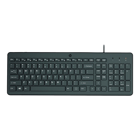 Schwarze HP Computertastatur mit Kabel auf weißem Hintergrund.