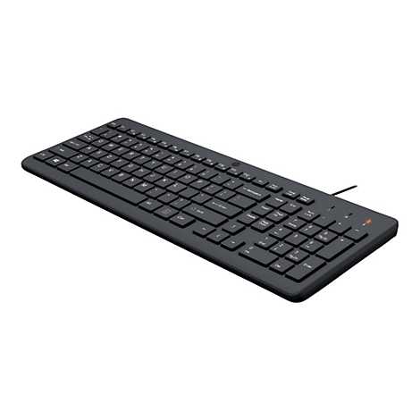 Schwarze kabelgebundene HP-Tastatur mit Standard-Layout und Ziffernblock auf weißem Hintergrund.