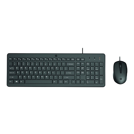 Draufsicht auf eine graue Tastatur und Maus von HP. Die Tastatur hat Standardtasten und das HP-Logo oben. Die Maus ist ergonomisch geformt.