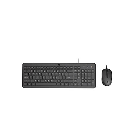 Schwarze HP-Tastatur und -Maus auf weißem Hintergrund. Die Tastatur hat ein Standard-Layout mit Beschriftungen und HP-Logo.