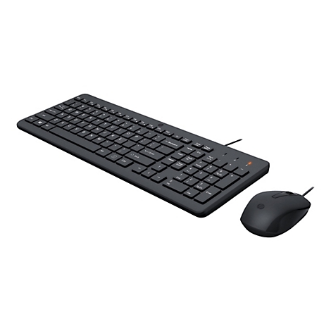 Schwarzes HP Tastatur-Maus-Set vor weißem Hintergrund.