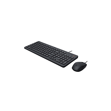 Schwarze kabelgebundene HP Tastatur und Maus auf weißem Hintergrund.