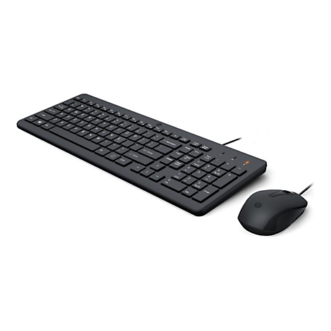 Schwarzes kabelgebundenes HP Tastatur- und Mausset vor weißem Hintergrund.