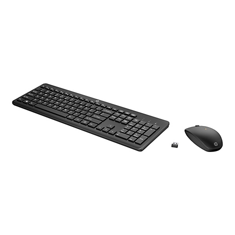 Schwarzes HP Wireless-Tastatur- und Maus-Set mit USB-Empfänger auf weißem Hintergrund.