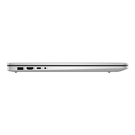 Seitenansicht eines silberfarbenen Laptops auf weißem Hintergrund. Verschiedene Anschlüsse sind sichtbar.