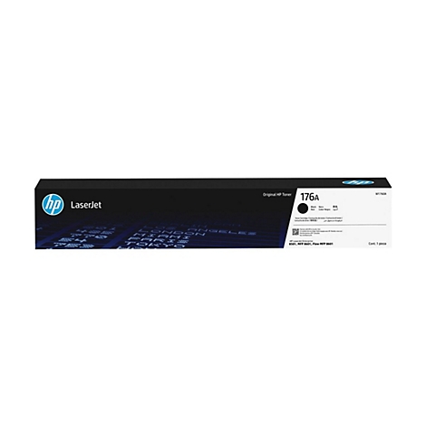 Schwarze HP Laserjet Toner-Kartusche 176A. Aufdruck mit Produktname, Logo und technischen Daten.