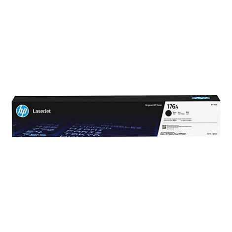 Schwarze HP LaserJet Toner-Kartusche 176A, schwarze Tinte, weißer Hintergrund. Beschriftung: Original HP Toner, Cont. 1 pieza.