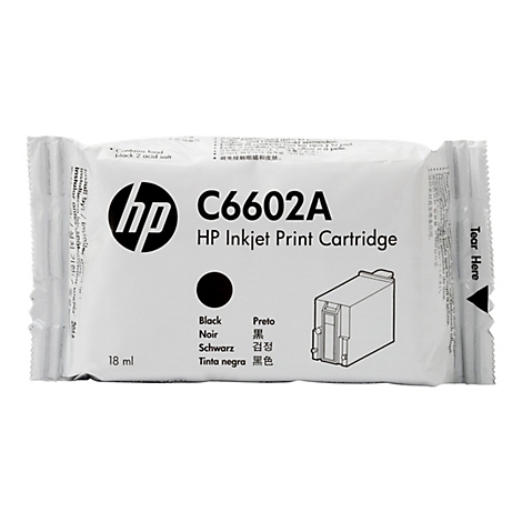 Verpackung einer HP Tintenpatrone. Auf der weißen Verpackung befinden sich der HP-Schriftzug, die Produktbezeichnung C6602A und der Hinweis "Tear Here".