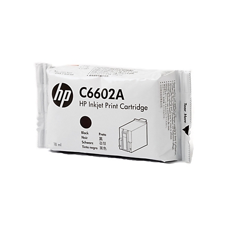 Eine schwarze HP C6602A Tintenpatrone in ihrer versiegelten Verpackung, mit Produktangaben in mehreren Sprachen.
