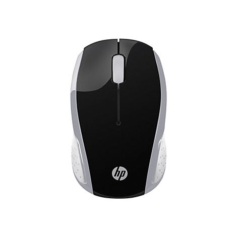 Draufsicht auf eine schwarze HP-Computermaus mit weißem Mausrad und silbernen Seiten.