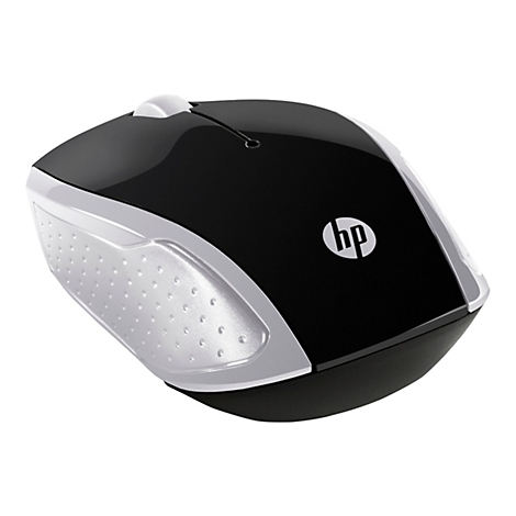 Schwarze HP-Maus mit weißem Rahmen, Logo und Scrollrad.