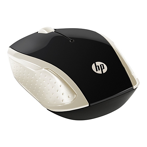 Drahtlose Computermaus in Schwarz und Beige, HP Logo.