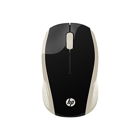Drahtlose HP-Maus, schwarz-beige. Oberseite schwarz glänzend, beige Seiten und Mitte. HP-Logo rechts unten.
