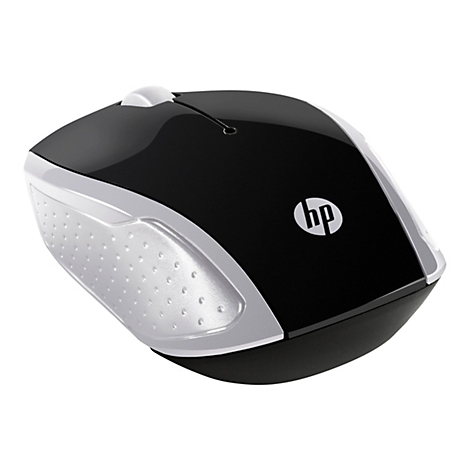 Drahtlose schwarze HP-Maus mit silbernen Seiten. Das HP-Logo befindet sich auf der Maus. Auf der Maus befindet sich ein Scrollrad.