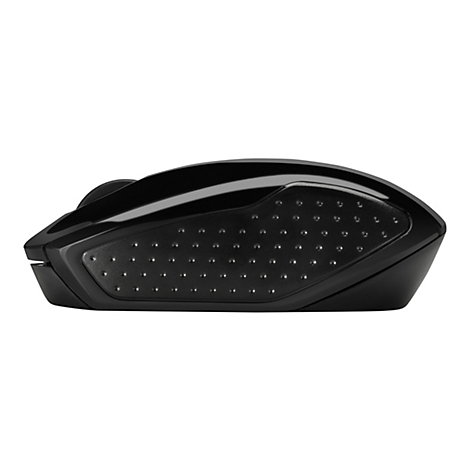 Schwarze, ergonomische Computermaus in Seitenansicht vor weißem Hintergrund.
