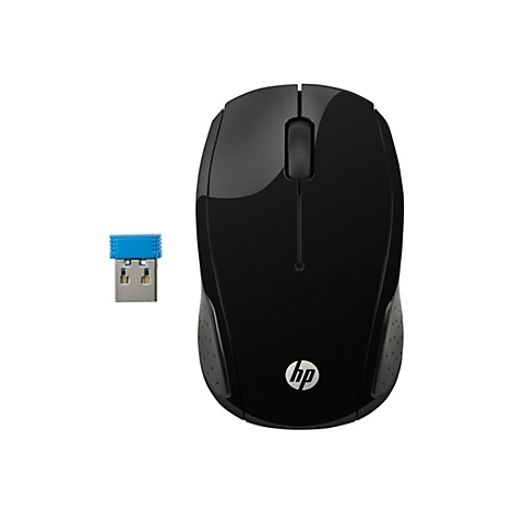 Schwarze HP Funkmaus mit USB-Empfänger auf weißem Hintergrund.