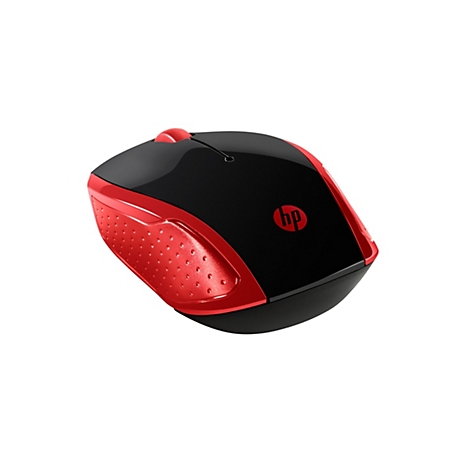 Kabellose HP Maus in Schwarz und Rot mit HP Logo auf glänzender Oberfläche.