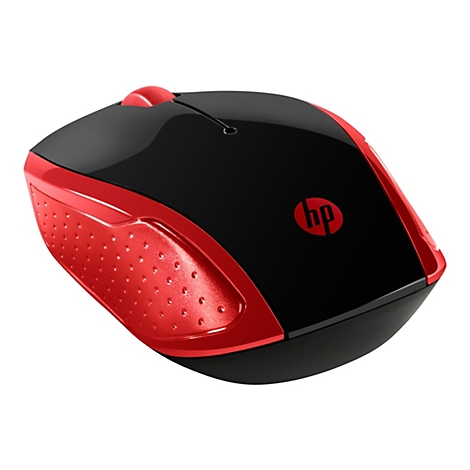 Eine schwarz-rote kabellose HP-Computermaus vor weißem Hintergrund.