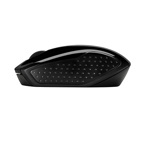 Seitliche Ansicht einer ergonomisch geformten, schwarzen Computermaus mit texturierter Gummierung.