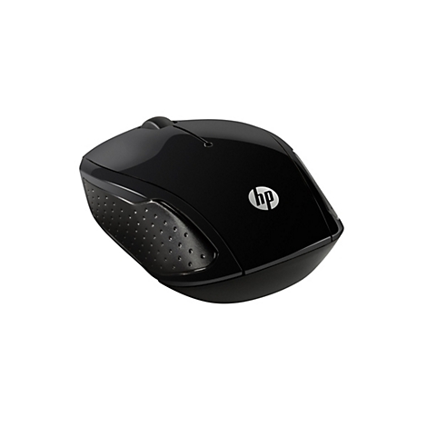 Schwarze kabellose HP-Computermaus mit glänzender Oberfläche und texturierter Seitenfläche vor weißem Hintergrund.