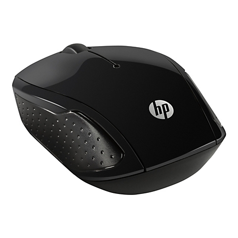 Schwarze, kabellose HP-Computermaus mit glänzender Oberfläche und texturierter seitlicher Griffzone.
