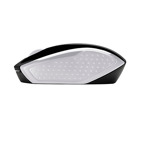 Draufsicht einer Computermaus. Schwarze Basis, weiße Oberseite mit kleinen Erhebungen. Rechts und links sind die seitlichen Kanten schwarz.