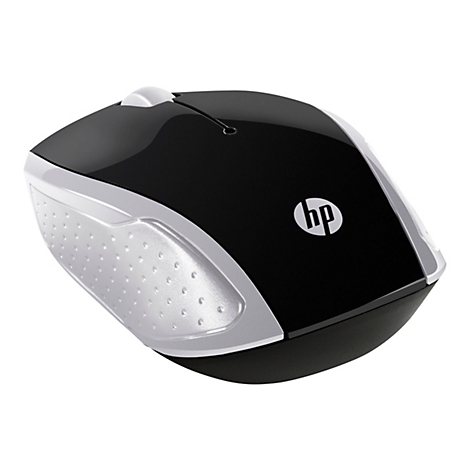 Drahtlose schwarze HP-Maus mit silbernen Seiten und dem HP-Logo. Auf der Oberseite ist ein Rad und ein Knopf zu sehen.