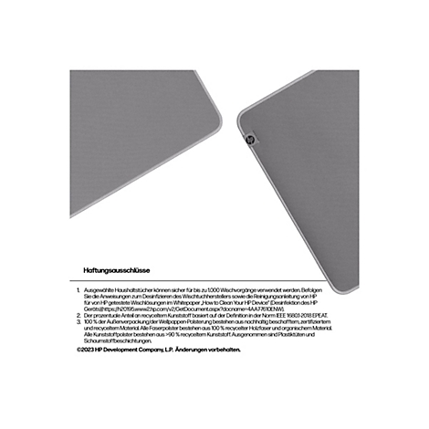 Graues Mousepad mit HP Logo und Textinformationen.