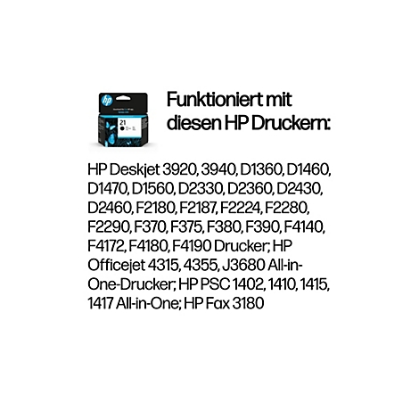 HP Tintenpatrone 21 vor weißem Hintergrund. Darüber steht „Funktioniert mit diesen HP Druckern:“, gefolgt von einer Liste von Druckermodellen.