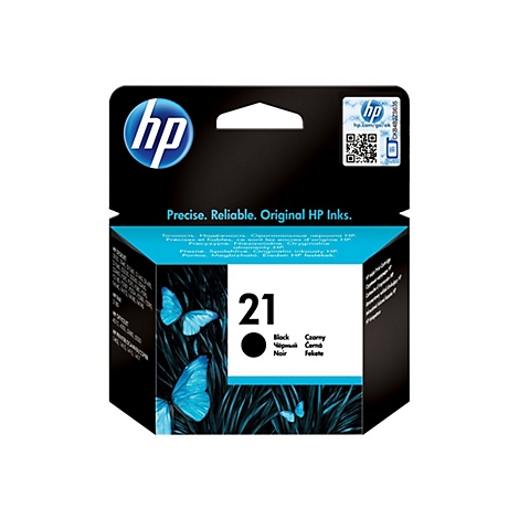 Schwarze HP Tintenpatrone, Aufdruck '21', mit blauen Schmetterlingen dekoriert.