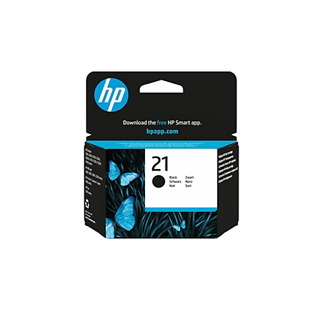 Schwarze HP Tintenpatrone 21. Das Produkt ist auf einer Verpackung abgebildet, auf der auch blaue Schmetterlinge zu sehen sind.