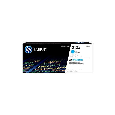 HP 212X Cyan Lasertoner Kartusche. Schwarz und dunkelblau Box mit Text und Logo.