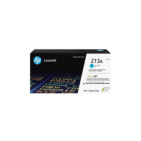 HP LaserJet Toner in der Originalverpackung. Aufdruck: 213A Cyan, TerraJet, HP Logo.