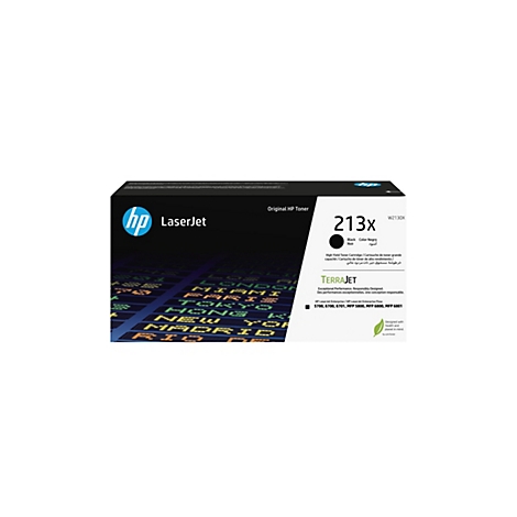 Schwarze HP Laserjet Tonerkartusche, vorne, mit Logo und Produktinformationen, vor einem Hintergrund mit Weltstädten.