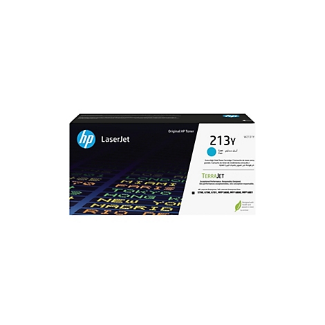 Eine HP LaserJet Toner-Kartusche in Cyan. Die Schachtel zeigt den Produktnamen und eine Weltkarte.