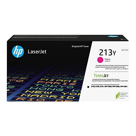 HP LaserJet Toner in der Verpackung. Aufdruck: Magenta, 213y.