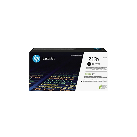 Schwarze HP LaserJet Tonerkartusche, Text: 213Y, Logo, Produktbezeichnung.