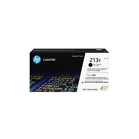 Cartouche de toner noire HP LaserJet 213Y sur fond blanc. L'emballage affiche le logo HP, du texte et l'image du produit.
